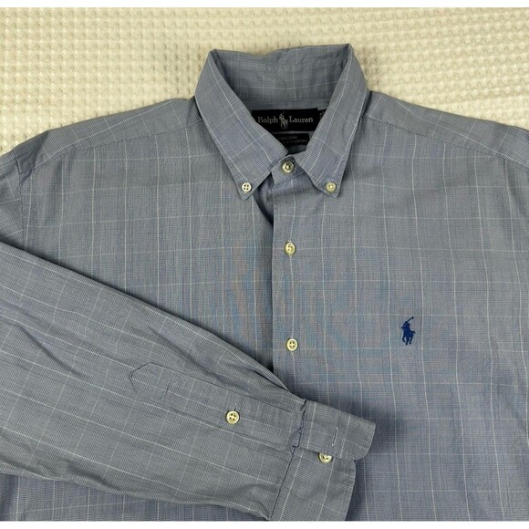 Ralph Lauren Shirt Mens Medium Blue Plaid Marlowe Button Down Long Sleeve Cotton - Picture 1 of 8